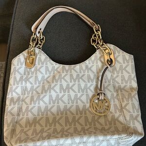 Michael Kors White and Gold Shoulder Bag with Signature MK Charm